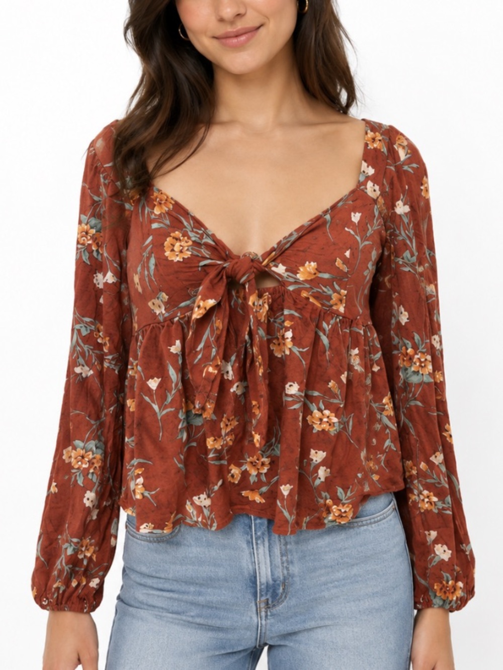 AMERICAN EAGLE Rust Colored Floral Tie Front Crop Top - Picture 2 of 10
